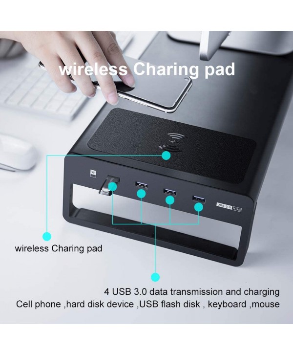 Soporte para monitor de aluminio con 4 Hub USB3.0 y almohadilla de carga inalámbrica